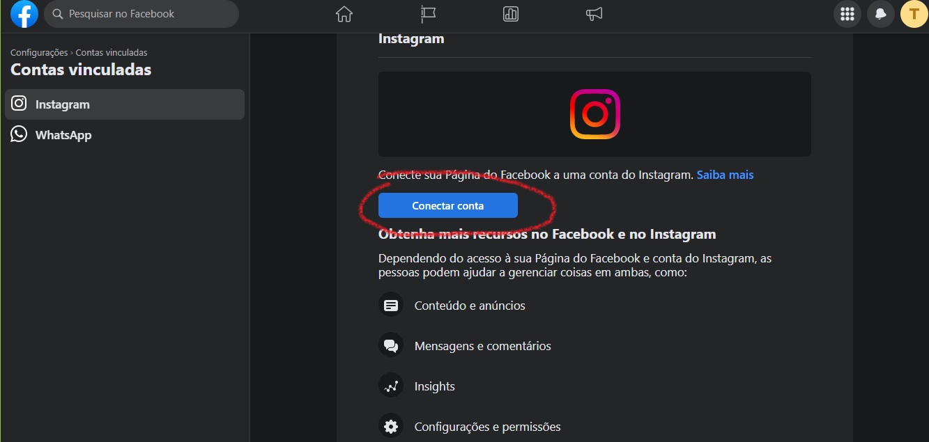 vinculando a conta do Instagram no Facebook